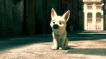 Movie still from “Bolt” (2008), directed by Chris Williams – A white dog sitting on top of a cement floor; Close Up shot, High angle
