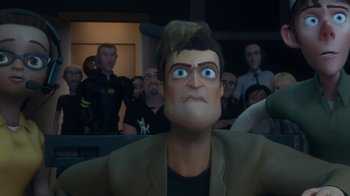 Movie still from “Bolt” (2008), directed by Chris Williams – A cartoon of a man looking up at a crowd of people; Close Up shot, Over the shoulder angle