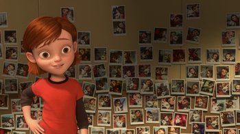 Movie still from “Bolt” (2008), directed by Chris Williams – A cartoon girl standing in front of a wall covered in pictures; Wide shot, High angle