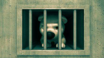 Movie still from “Bolt” (2008), directed by Chris Williams – A dog is sitting in a jail cell with bars; Extreme Close Up shot, High angle