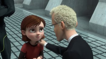 Movie still from “Bolt” (2008), directed by Chris Williams – An animated person is holding a child's hand; Close Up shot, Over the shoulder angle