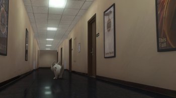 Movie still from “Bolt” (2008), directed by Chris Williams – A white cat walking down a hallway in a building; Extreme Wide shot, High angle