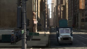 Movie still from “Bolt” (2008), directed by Chris Williams – An image of a street scene with a truck in the middle of the street; Extreme Wide shot, High angle