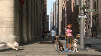 Movie still from “Bolt” (2008), directed by Chris Williams – A woman walking two dogs down a street; Wide shot, Low angle