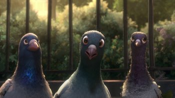 Movie still from “Bolt” (2008), directed by Chris Williams – Three pigeons are standing next to a fence; Close Up shot, Low angle