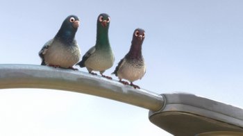 Movie still from “Bolt” (2008), directed by Chris Williams – A group of birds sitting on top of a metal pole; Wide shot, Low angle