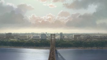 Movie still from “Bolt” (2008), directed by Chris Williams – An aerial view of a bridge with a city in the background; Extreme Wide shot, High angle