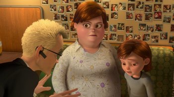 Movie still from “Bolt” (2008), directed by Chris Williams – An image of an animated character being interviewed; Medium shot, Over the shoulder angle