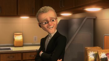 Movie still from “Bolt” (2008), directed by Chris Williams – An animated man in a suit and tie with his arms crossed; Medium shot, High angle