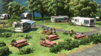 Movie still from “Bolt” (2008), directed by Chris Williams – A group of people sitting at picnic tables next to parked rvs; Extreme Wide shot, High angle