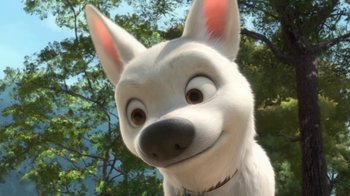 Movie still from “Bolt” (2008), directed by Chris Williams – A white dog is smiling for the camera; Close Up shot, High angle
