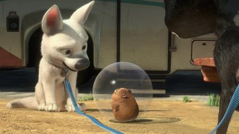 Movie still from “Bolt” (2008), directed by Chris Williams – A dog and a hamster in a glass ball; Wide shot, Over the shoulder angle