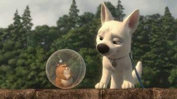 Movie still from “Bolt” (2008), directed by Chris Williams – A dog and a hamster are looking at each other in a ball; Medium shot, Over the shoulder angle