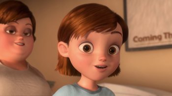 Movie still from “Bolt” (2008), directed by Chris Williams – A cartoon girl with brown hair and a blue t - shirt; Close Up shot, High angle