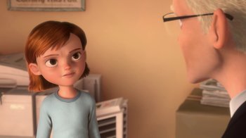 Movie still from “Bolt” (2008), directed by Chris Williams – An animated character being examined by an optician; Close Up shot, Over the shoulder angle