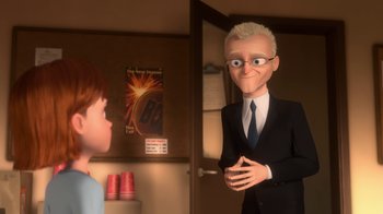 Movie still from “Bolt” (2008), directed by Chris Williams – An animated man talking to a woman in front of a door; Medium shot, Over the shoulder angle
