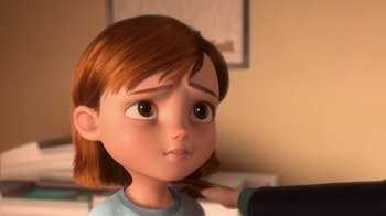 Movie still from “Bolt” (2008), directed by Chris Williams – A cartoon girl with red hair is brushing her hair; Close Up shot, Over the shoulder angle