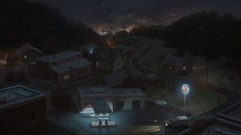 Movie still from “Bolt” (2008), directed by Chris Williams – An aerial view of a gas station at night; Extreme Wide shot, High angle