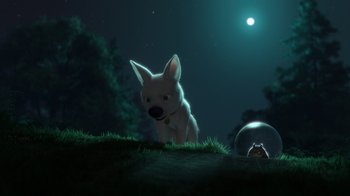 Movie still from “Bolt” (2008), directed by Chris Williams – A dog and a cat in the grass at night; Wide shot, High angle