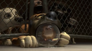 Movie still from “Bolt” (2008), directed by Chris Williams – A dog is looking through a glass ball; Close Up shot, High angle