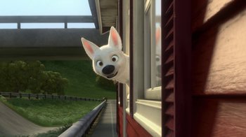 Movie still from “Bolt” (2008), directed by Chris Williams – A white dog sticking its head out of a window; Wide shot, High angle