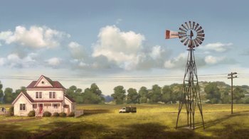 Movie still from “Bolt” (2008), directed by Chris Williams – An oil painting of a windmill in the middle of a field; Extreme Wide shot, Low angle