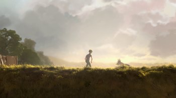 Movie still from “Bolt” (2008), directed by Chris Williams – A person standing in a field with a dog; Extreme Wide shot, Low angle