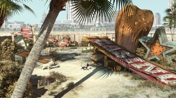 Movie still from “Bolt” (2008), directed by Chris Williams – An image of an outdoor area with a palm tree; Extreme Wide shot, High angle
