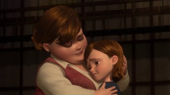 Movie still from “Bolt” (2008), directed by Chris Williams – An animated woman holding a child in her arms; Close Up shot, Over the shoulder angle