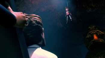 Movie still from “Bolt” (2008), directed by Chris Williams – A man watches as a child hangs from a rope; Wide shot, Low angle