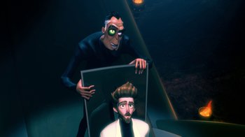 Movie still from “Bolt” (2008), directed by Chris Williams – A man holding up a picture of a man with green eyes; Medium shot, Overhead angle