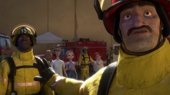 Movie still from “Bolt” (2008), directed by Chris Williams – A group of people standing next to each other in front of a firetruck; Medium shot, Over the shoulder angle