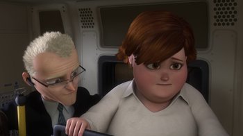 Movie still from “Bolt” (2008), directed by Chris Williams – An older man and a young woman in a car; Medium shot, Over the shoulder angle