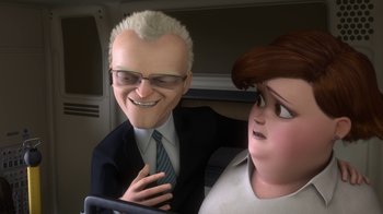 Movie still from “Bolt” (2008), directed by Chris Williams – An older man and a younger woman are smiling together; Close Up shot, Over the shoulder angle