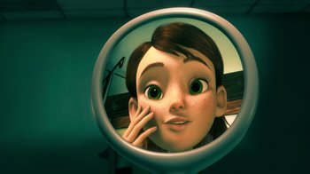 Movie still from “Bolt” (2008), directed by Chris Williams – A cartoon picture of a person in a mirror; Extreme Close Up shot, Over the shoulder angle