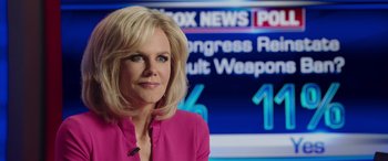 Movie still from “Bombshell” (2019), directed by Jay Roach – A woman in front of a television screen; Close Up shot, Over the shoulder angle
