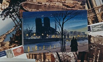 Movie still from “Bon Voyage!” (1962), directed by James Neilson – A painting of a couple sitting in front of notre - dame cathedral at night; Extreme Close Up shot, High angle