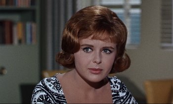Movie still from “Bon Voyage!” (1962), directed by James Neilson – A person wearing a black and white dress; Close Up shot, Over the shoulder angle