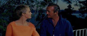 Movie still from “Bonjour Tristesse” (1958), directed by Otto Preminger – An older man and a younger woman talking; Close Up shot, Over the shoulder angle