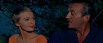 Movie still from “Bonjour Tristesse” (1958), directed by Otto Preminger – A man and a woman sitting next to each other in front of a tree; Close Up shot, Over the shoulder angle