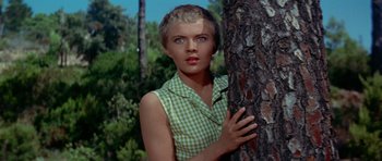 Movie still from “Bonjour Tristesse” (1958), directed by Otto Preminger – A young woman leaning against a tree in the woods; Close Up shot, Low angle