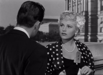 Movie still from “Born Yesterday” (1950), directed by George Cukor – A man and a woman talking to each other; Close Up shot, High angle