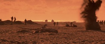 Movie still from “Born on the Fourth of July” (1989), directed by Oliver Stone – A group of people standing on top of a sandy beach; Extreme Wide shot, High angle