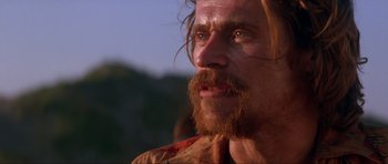 Movie still from “Born on the Fourth of July” (1989), directed by Oliver Stone – A person with long hair and a beard; Close Up shot, Low angle