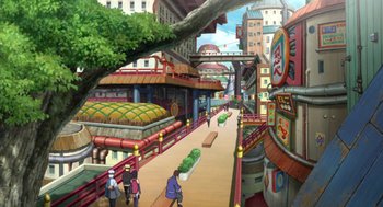 An animated street scene with people walking down the street