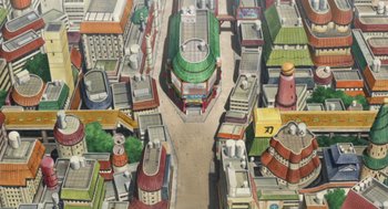 An overhead view of a city with many buildings