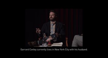 Movie still from “Boy Erased” (2018), directed by Joel Edgerton – Gerard conley currently lives in new york city with his husband; Medium shot, High angle