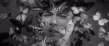 A black - and - white photo of a man's face surrounded by butterflies