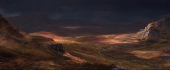 Movie still from “Brave” (2012), directed by Steve Purcell – A painting of a valley with a dark sky above it; Extreme Wide shot, High angle