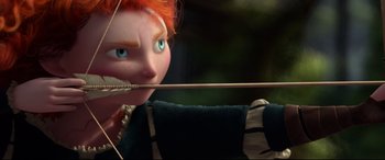 Movie still from “Brave” (2012), directed by Steve Purcell – A person holding a bow and arrow; Close Up shot, Low angle